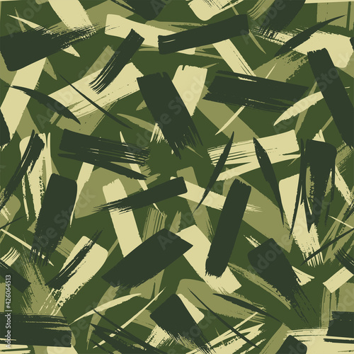 Seamless vector camouflage pattern with green brushstrokes isolated on dark green background.