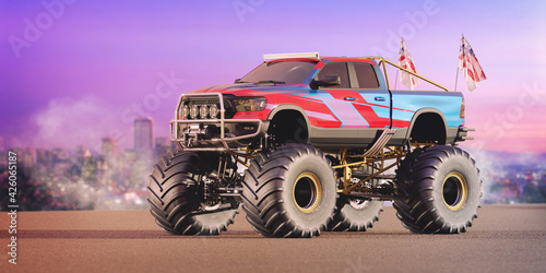 3D rendering of a brand-less generic monster truck doing stunts  