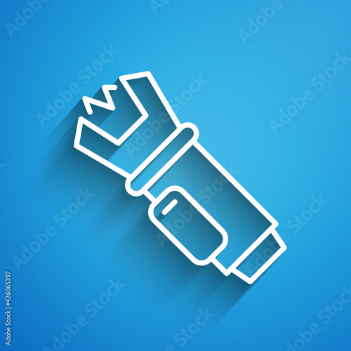 White line Police electric shocker icon isolated on blue background. Shocker for protection. Taser is an electric weapon. Long shadow. Vector
