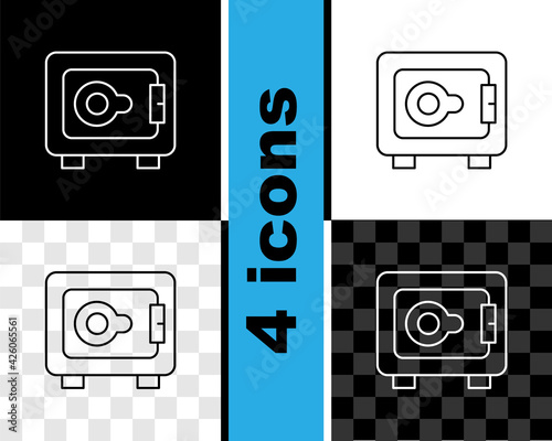 Set line Safe icon isolated on black and white, transparent background. The door safe a bank vault with a combination lock. Reliable Data Protection. Vector