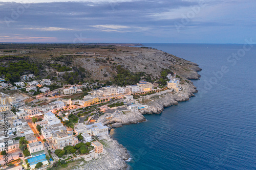 Aerial view of Santa Cesarea Terme at sunset in summer, Lecce province, Salento, Apulia, Italy photo