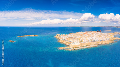 Old town and harbor of Gallipoli on a sunny summer day, aerial view, Lecce province, Salento, Apulia, Italy