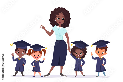 Happy graduate children wearing academic gowns and caps. Multicultural kids with African American teacher celebrating Kindergarten graduation together. Flat cartoon vector illustration.