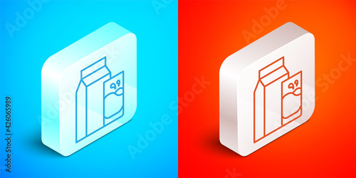 Isometric line Paper package for kefir and glass icon isolated on blue and red background. Dieting food for healthy lifestyle and probiotics fulfillment. Silver square button. Vector