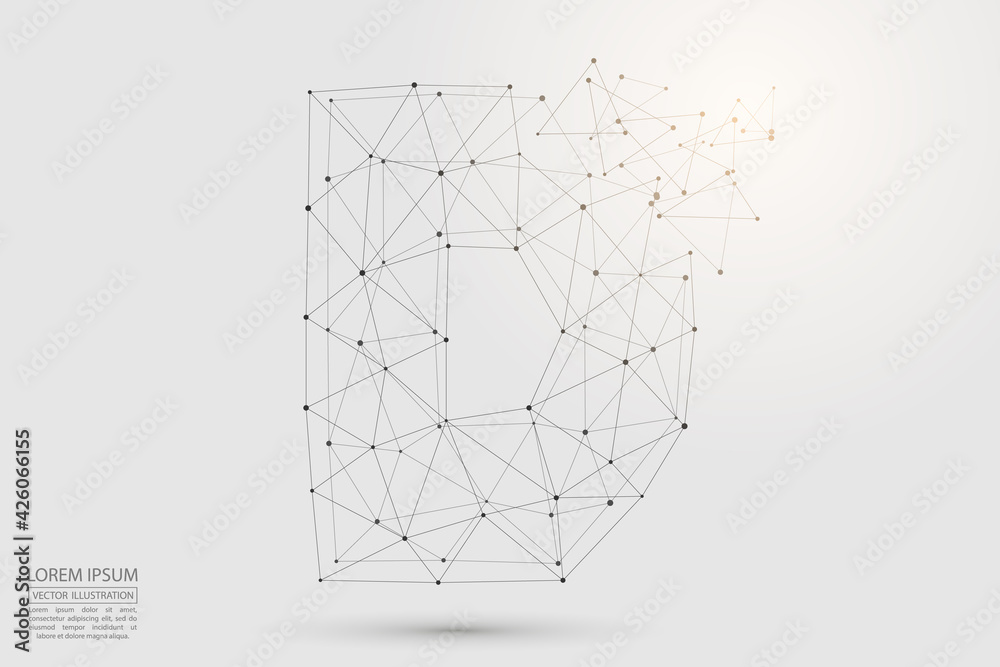 The destruction  volumetric 3D letters dark gray on a white background. Consist of triangles, circles, lines, points and spider webs. Vector illustration eps 10.