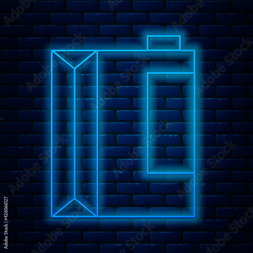 Glowing neon line Paper package for kefir icon isolated on brick wall background. Dieting food for healthy lifestyle and probiotics fulfillment. Vector