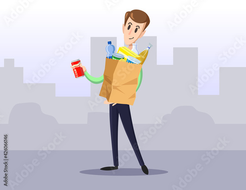 Happy citizen making purchases in modern city. Flat vector illustration. Cartoon man character with paper bag full of food items in city background. Shopping, marketing concept for advertisement