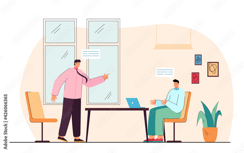 Argument between businessmen at meeting. Business partners having disagreement in office flat vector illustration. Conflict, business argument concept for banner, website design or landing web page Argument between businessmen at meeting. Business partners having disagreement in office flat vector illustration. Conflict, business argument concept for banner, website design or landing web page