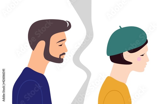 Couple breaks up. Girl leaves guy. Adult man and woman. Flat vector illuctration. Concept of divorce, misunderstanding in family. Two people are separated. Relationship break up of love concept.