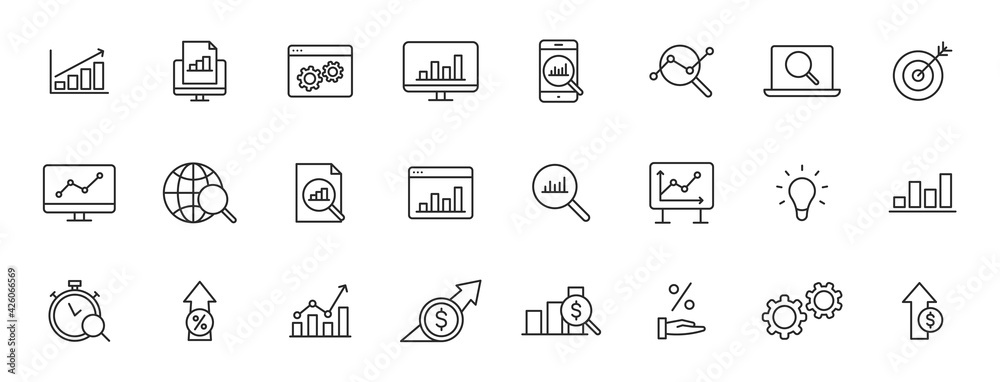 Set of 24 Data Analysis web icons in line style. Graphs, Analysis, Big Data, growth, chart, research. Vector illustration.