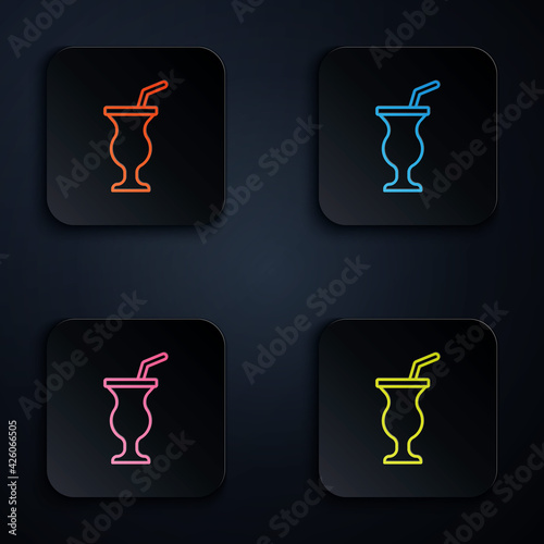 Color neon line Milkshake icon isolated on black background. Plastic cup with lid and straw. Set icons in square buttons. Vector