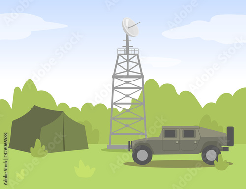 Signal transmission tower in military camp. Car, tent, forest flat vector illustration. Communication and connection concept for banner, website design or landing web page