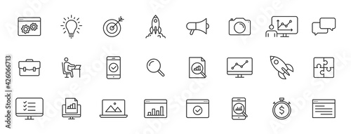 Set of 24 Web development web icons in line style. Marketing, analytics, e-commerce, digital, management, seo. Vector illustration.