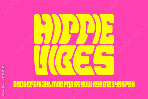 Hippie psychedelic style font design, 1960s alphabet letters and numbers