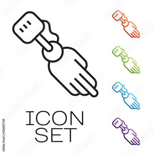Black line Prosthesis hand icon isolated on white background. Futuristic concept of bionic arm, robotic mechanical hand. Set icons colorful. Vector