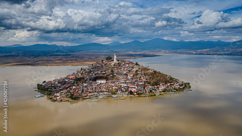 Aerial of the Janitzio island on Lake Patzcuaro, Michoacan, Mexico photo
