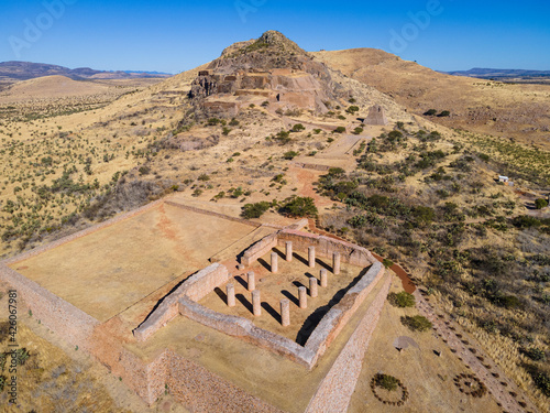 Aerial of the archaeological site of La Quemada (Chicomoztoc), Zacatecas, Mexico photo