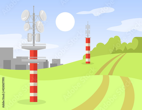 Signal transmission towers standing along road. Cityscape, metal, construction flat vector illustration. Communication and connection concept for banner, website design or landing web page