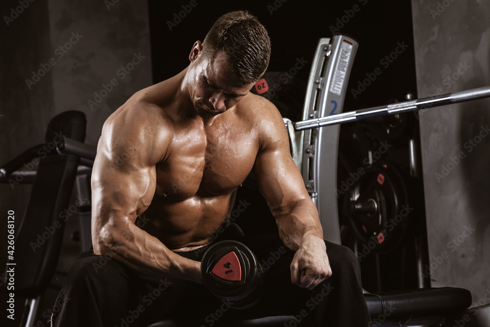 Fitness in gym, sport and healthy lifestyle concept. Handsome athletic man with naked torso making exercises. Bodybuilder male model training biceps muscles with dumbbell