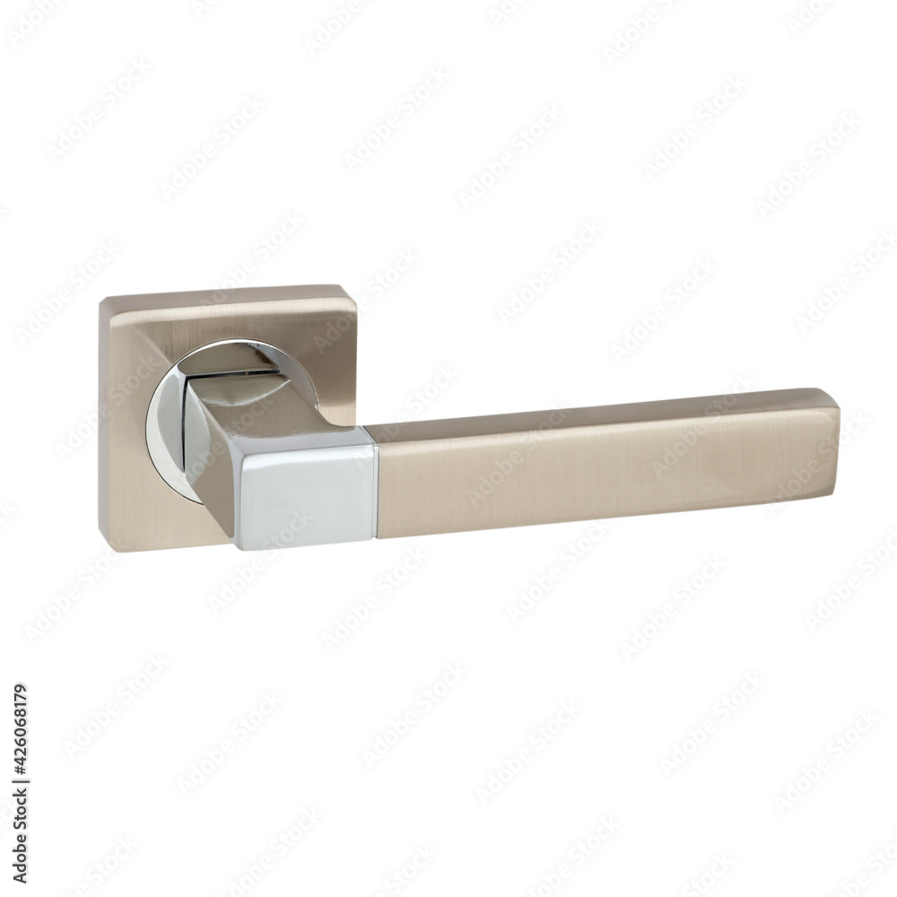 Combined chrome door handle with a straight square handle and a round mirror insert at the square base on a white background Combined chrome door handle with a straight square handle and a round mirror insert at the square base on a white background