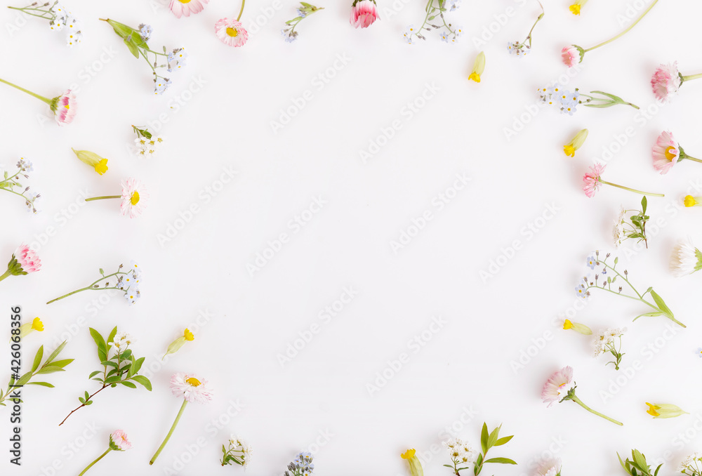 Spring frame of small flowers and daisy, floral arrangement Spring frame of small flowers and daisy, floral arrangement