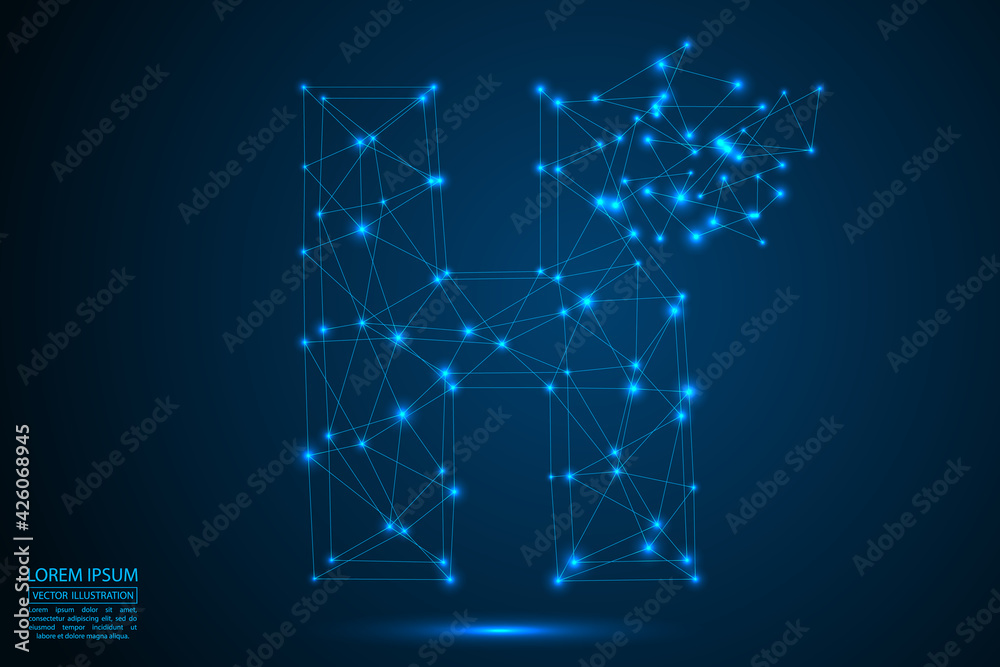 The destruction of the abstract font of letters consists 3d of triangles, lines, dots and connections. On a dark blue background cosmic universe stars, meteorites, galaxies. Vector eps 10. The destruction of the abstract font of letters consists 3d of triangles, lines, dots and connections. On a dark blue background cosmic universe stars, meteorites, galaxies. Vector eps 10.