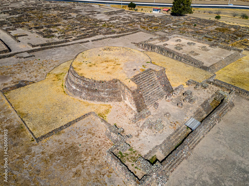 Aerial of the Mesoamerican archaeological site of Tecoaque, Tlaxcala, Mexico photo