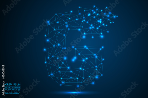 The destruction of the abstract font of  letters consists 3d of triangles, lines, dots and connections. On a dark blue background cosmic universe stars, meteorites, galaxies. Vector eps 10.