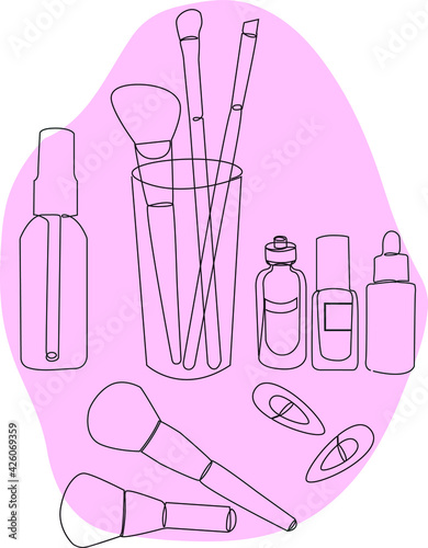 A set of cosmetics and hair ornaments. One Line tubes, brushes, hairpins. Cosmetics and skin and hair care line art. Vector illustration