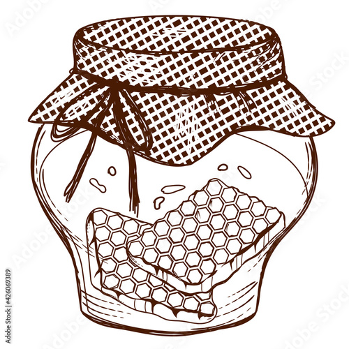 Jar of honey with honeycombs, engraving vector illustration isolated on white background. Honey image for packs and print materials in hand drawn etched style.