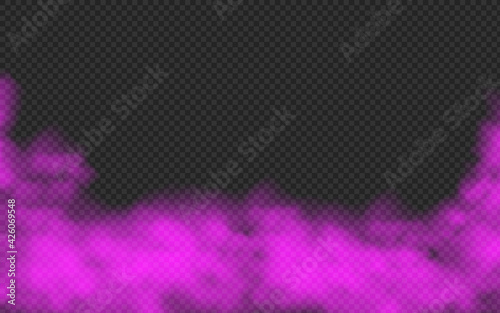 Violet smoke isolated on transparent background. Steam special effect. Realistic colorful vector fire fog or mist texture.