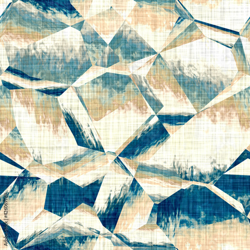 Sandy beach geo washed out linen texture background. Summer coastal living style home decor fabric effect. turquoise cream wash grunge geometric material. Seamless repeat pattern for shabby chic.