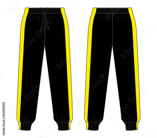 Black Tracksuit Pants with Yellow Design on White Background. Front and Back Views, Vector File