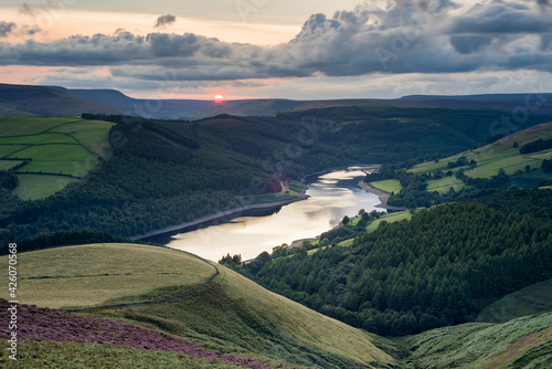 View of Ladybower Reservoir from Whinstone Lee Tor, at sunset, Peak District National Park, Derbyshire, England, United Kingdom