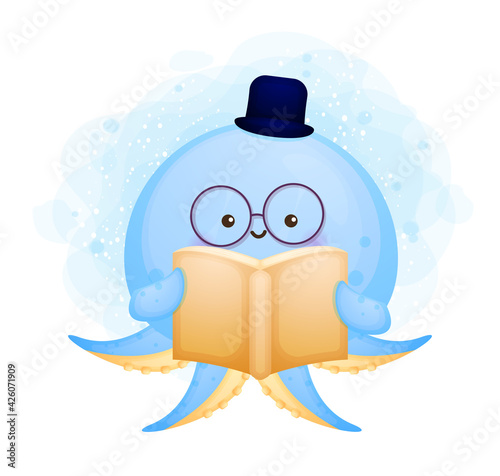 Cute doodle octopus read a book cartoon character Premium Vector