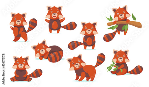 Funny red panda flat pictures set for web design. Cartoon cute Chinese bear character in different poses isolated vector illustrations. Forest animals and woodland concept