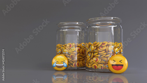 Photography 3d rendering of 2 Glass jars filled with lots of glossy emoji pills on gray back