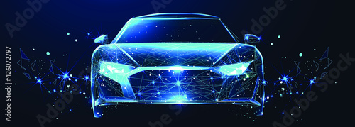 Car. Abstract vector 3d modern car. Isolated on dark blue background. Digital futuristic polygonal low poly mesh illustration