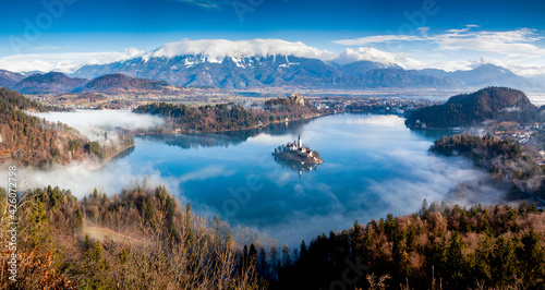 Panorama of Lake Bled in the Julian Alps of the Upper Carniolan region, northwestern Slovenia photo