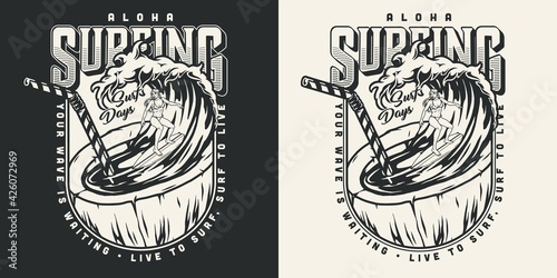 Hawaii surfing vintage monochrome emblem
