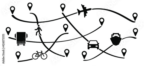 Route with start point GPS. Truck, plane, ship, bike, car and walking person. Cargo delivery, business concept. Vector transport pin location sign. Line path of transportation.
