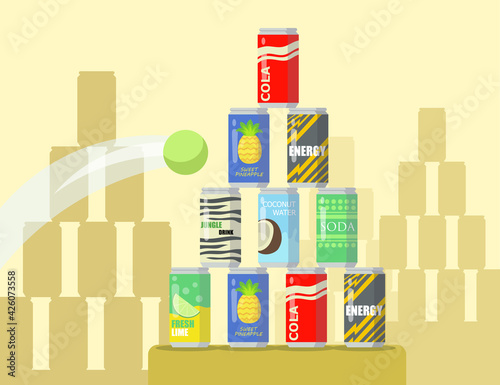 Cartoon pyramid of lemonade cans flat vector illustration. Tennis ball flying into pyramid of different canned drinks displayed on showcase. Drinks, shopping, marketing concept for banner design