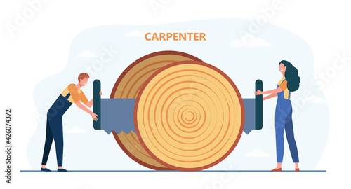 Two cartoon tiny carpenters lumbering giant unbranched trunk. Flat vector illustration. Man and woman in uniform holding huge two handed saw and sawing log together. Carpentry, wood logging concept photo