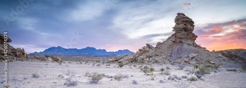 Desert sunset panorama with Chisos Mountains in the background, Big Bend National Park, Texas, United States of America photo