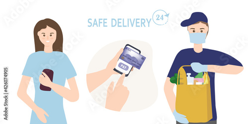 Ordering food through the online store. Payment by credit card. Selection of goods in the supermarket. Secure home delivery concept. Flat vector illustration.
