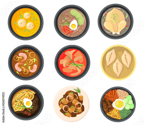 Top view of different dishes from South Korean flat pictures collection. Cartoon Asian soups, dumplings and meal on plates isolated vector illustrations. Traditional cuisine and food concept