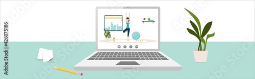 Workout online. Laptop and video of girl working out at home. Online videos of sports and fitness workouts. Workouts at home. Healthy lifestyle. Coronavirus quarantine isolation. Vector.