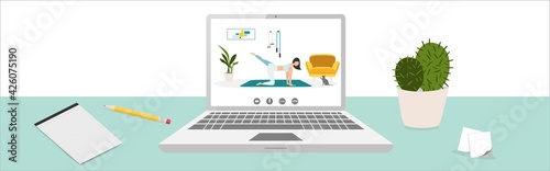 Workout online. Laptop and video of girl working out at home. Online videos of sports and fitness workouts. Workouts at home. Healthy lifestyle. Coronavirus quarantine isolation. Vector.