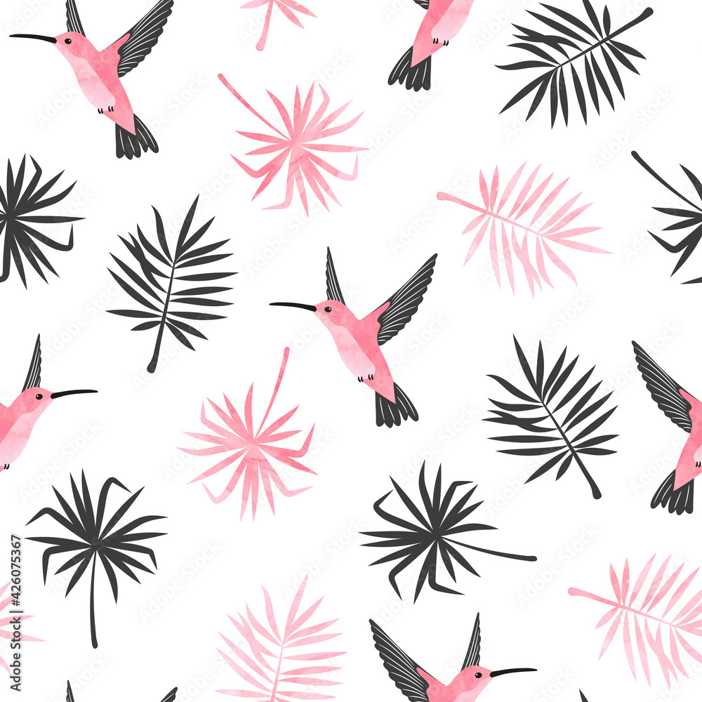 Hummingbirds and exotic tropical leaves pattern. Seamless watercolor tropic illustration. Hummingbirds and exotic tropical leaves pattern. Seamless watercolor tropic illustration.