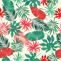 Acrylglasbilder Rote Muster Tropical leaves pattern. Seamless vector red and green  watercolor jungle tropic background.  © Afanasia